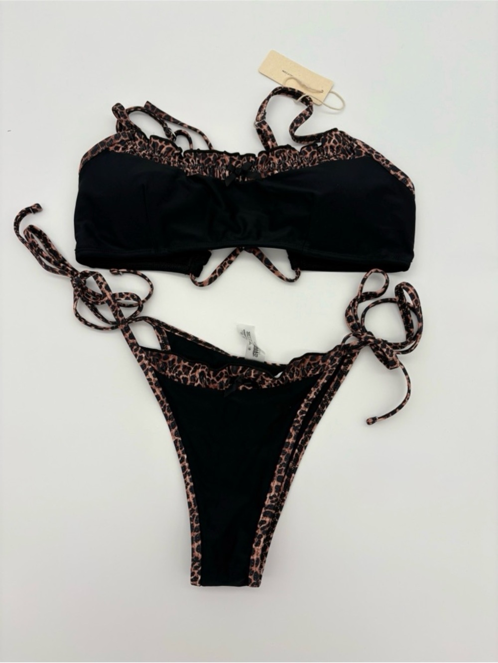 Black Leopard-Trim Tie-Side Bikini Top & Bottom